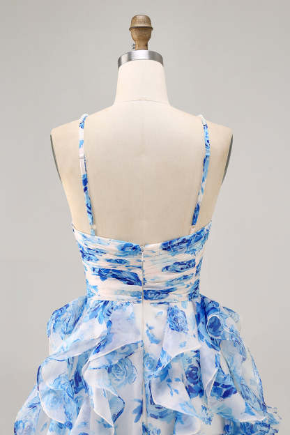 White and Blue Floral Ruffled Keyhole Short Homecoming Dress with Pearls