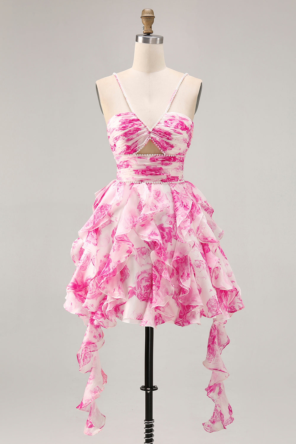 White and Fuchsia Ruffled Ruched Short Floral A Line Homecoming Dress with Pearls
