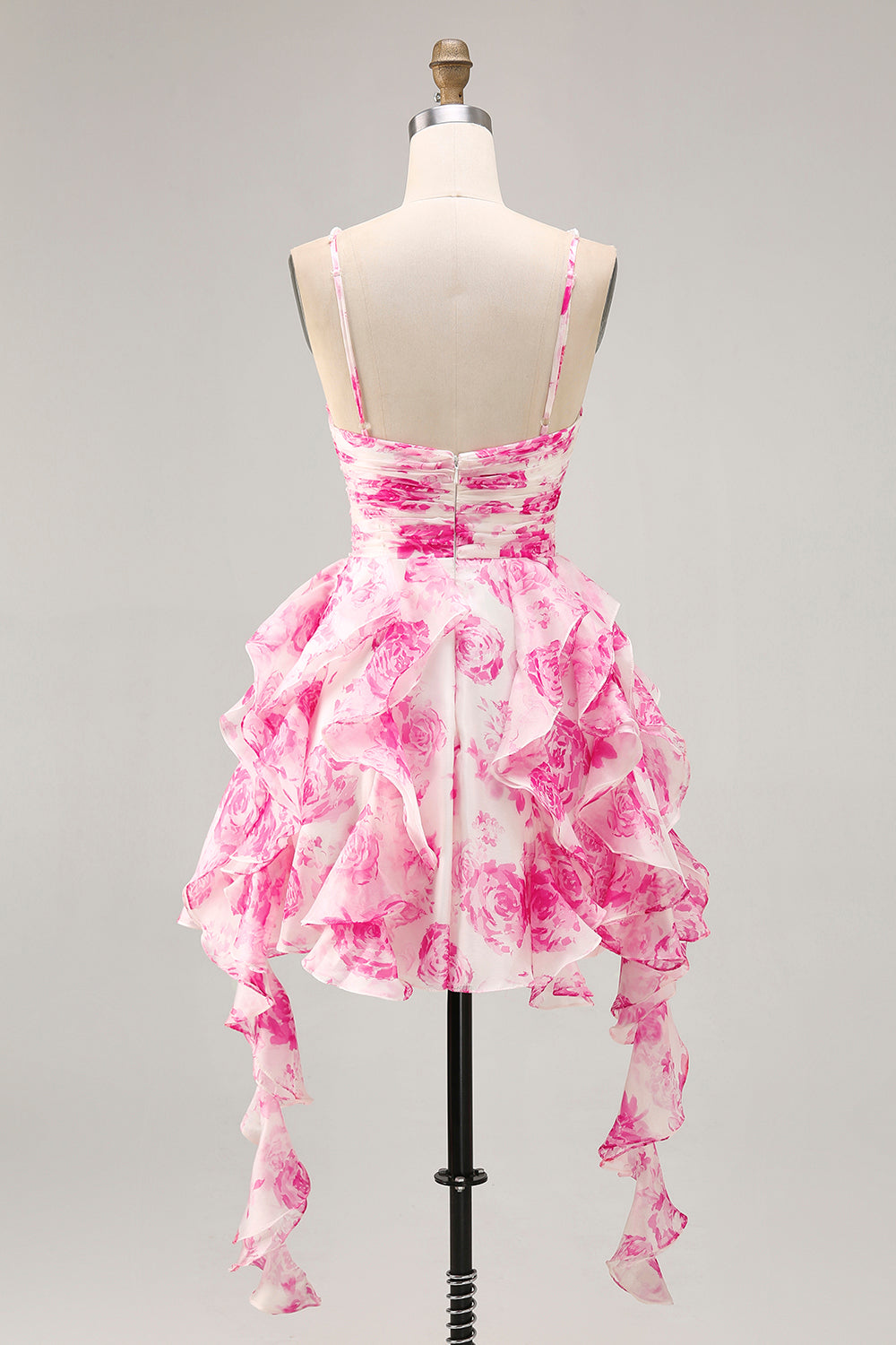 White and Fuchsia Ruffled Ruched Short Floral A Line Homecoming Dress with Pearls