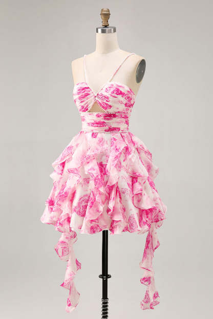 White and Blue Floral Ruffled Keyhole Short Homecoming Dress with Pearls