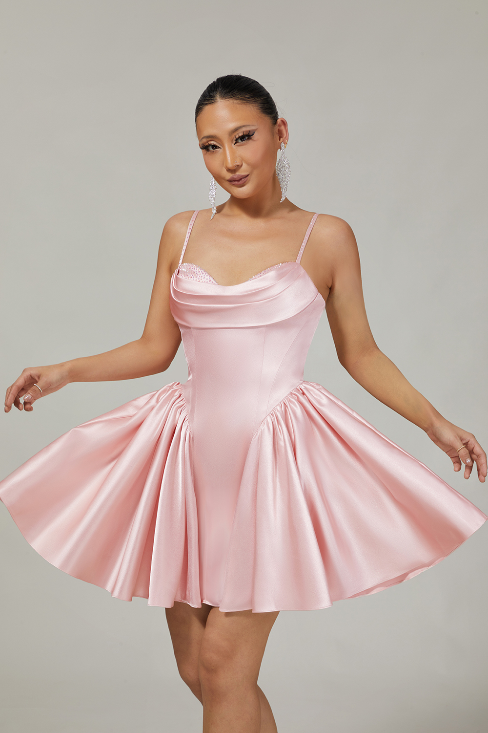 Blush Satin A Line Short Homecoming Dress with Rhinestones
