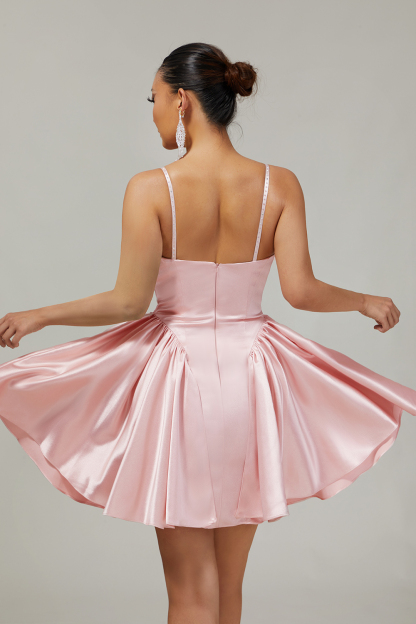 Blush Satin A Line Short Homecoming Dress with Rhinestones