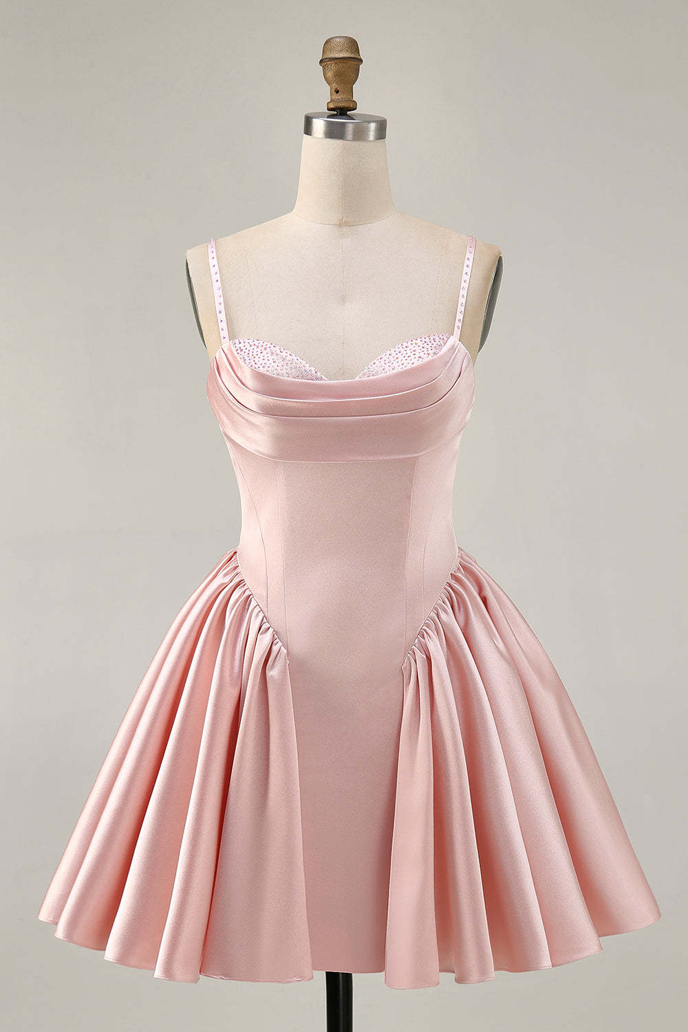 Leely Women Blush Satin Short Homecoming Dress A Line Spaghetti Straps Cocktail Dress with Rhinestones