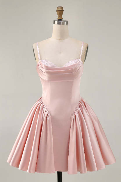 Leely Women Blush Satin Short Homecoming Dress A Line Spaghetti Straps Cocktail Dress with Rhinestones