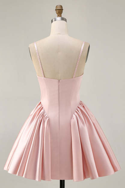 Blush Satin A Line Short Homecoming Dress with Rhinestones