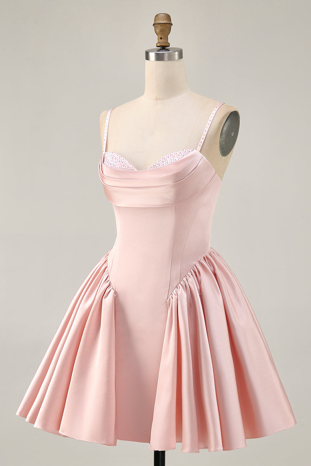 Blush Satin A Line Short Homecoming Dress with Rhinestones