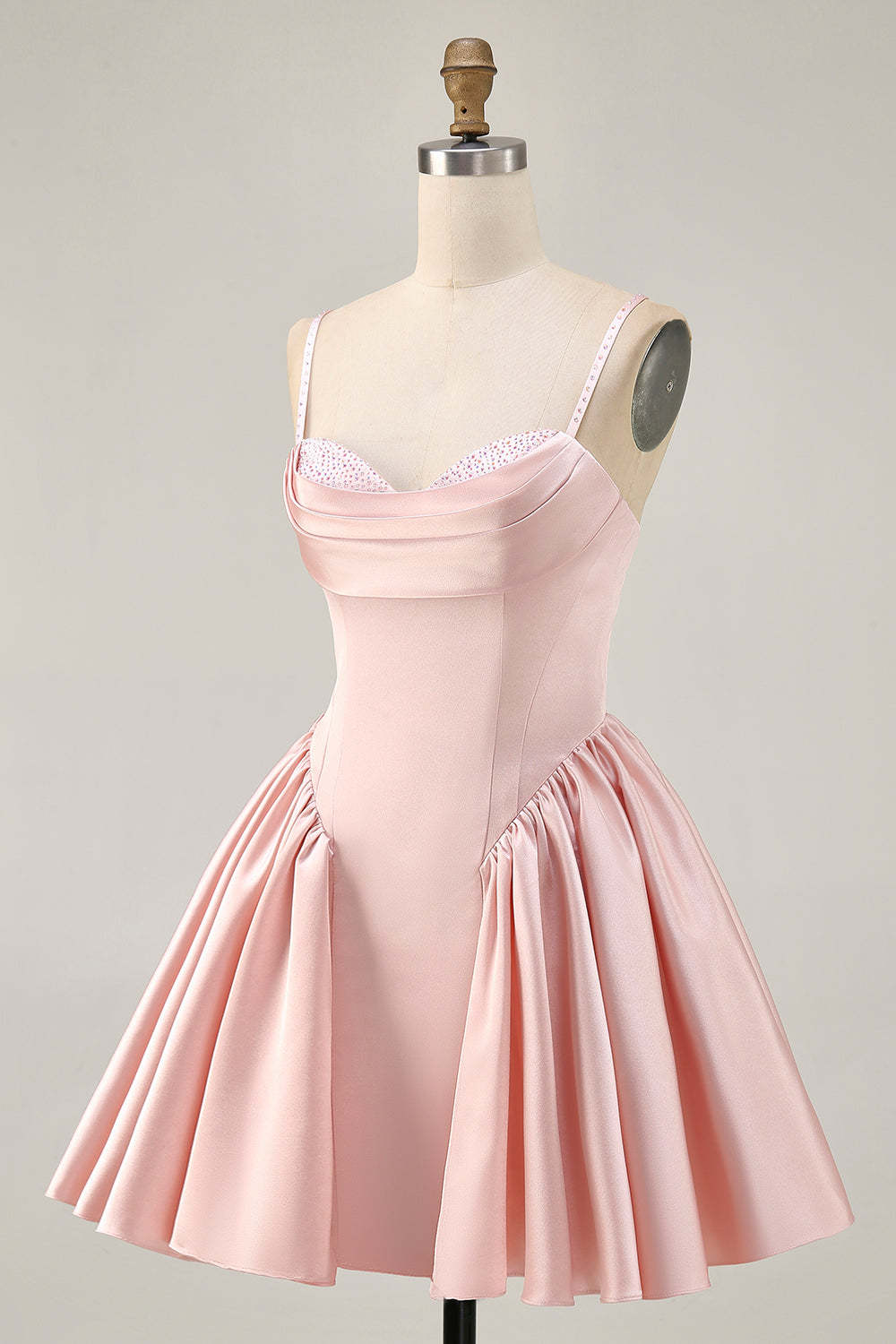 Blush Satin A Line Short Homecoming Dress with Rhinestones
