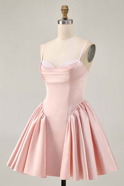 Blush Satin A Line Short Homecoming Dress with Rhinestones