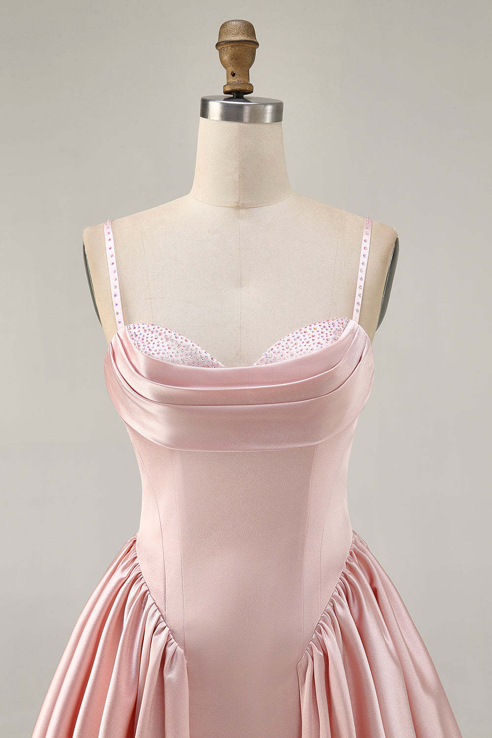 Blush Satin A Line Short Homecoming Dress with Rhinestones