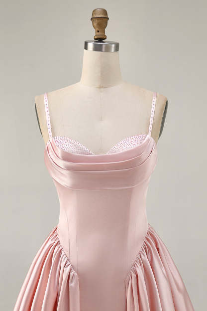 Blush Satin A Line Short Homecoming Dress with Rhinestones