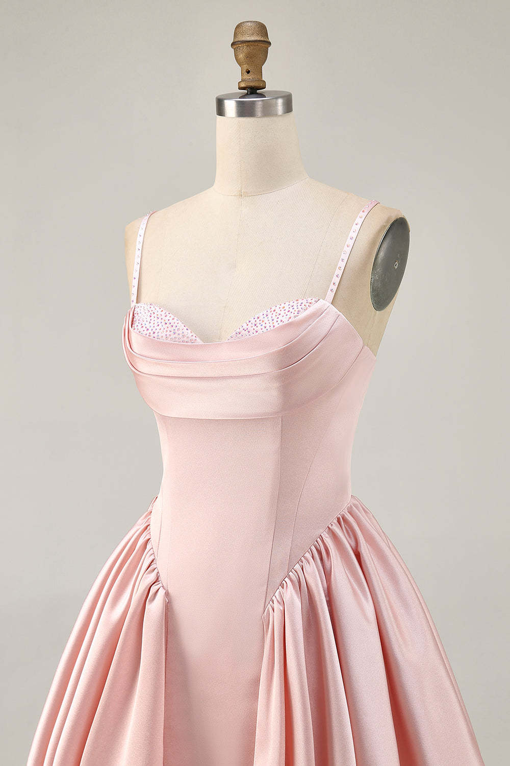 Blush Satin A Line Short Homecoming Dress with Rhinestones