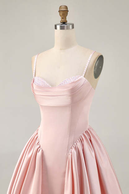Blush Satin A Line Short Homecoming Dress with Rhinestones