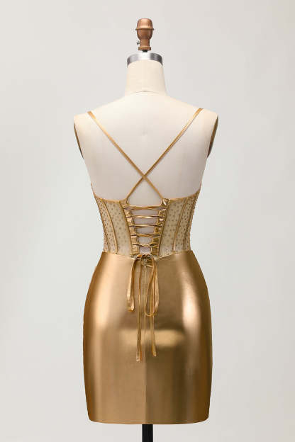 Golden Metallic Corset Ruched Tight Short Homecoming Dress with Beading