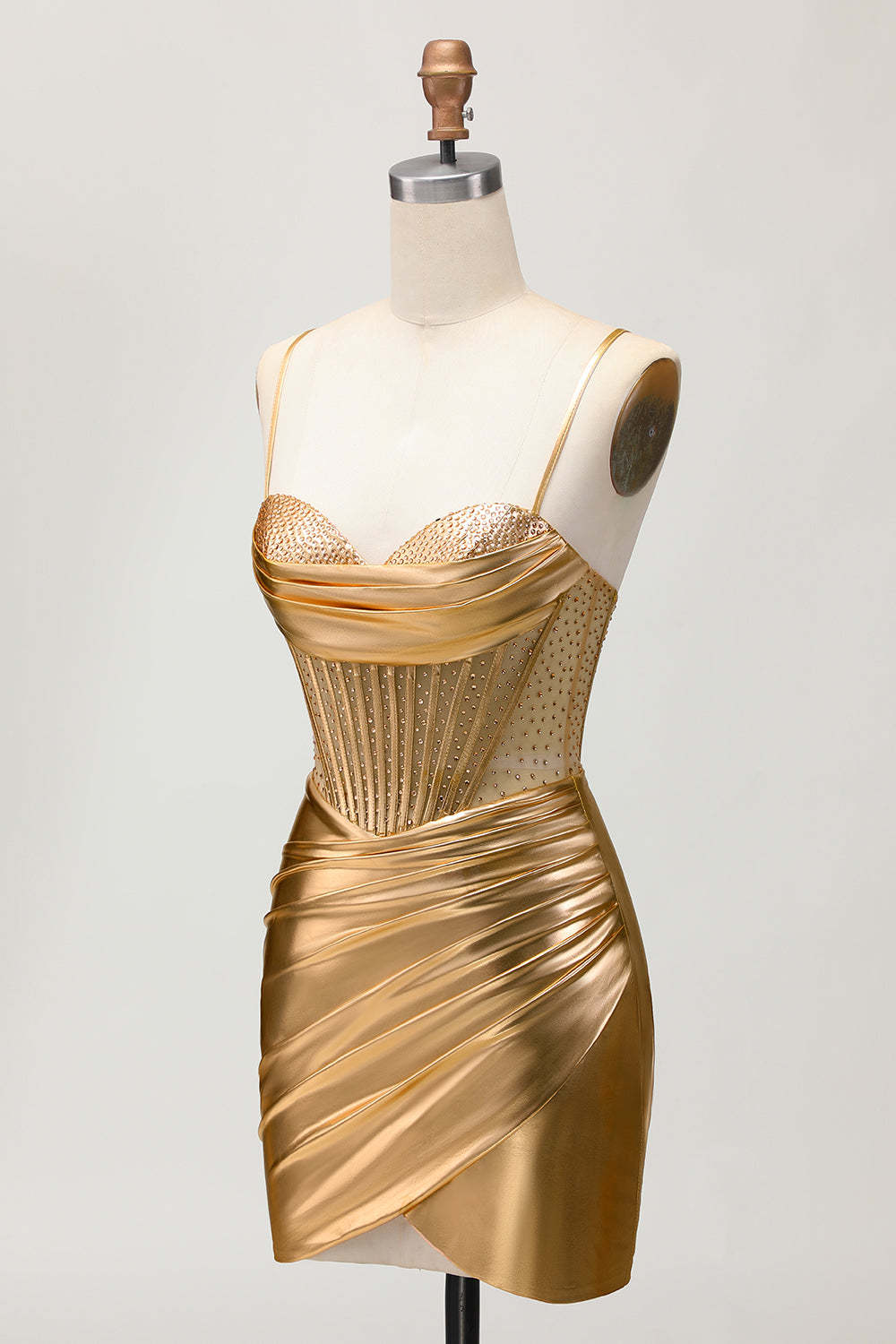 Golden Metallic Corset Ruched Tight Short Homecoming Dress with Beading