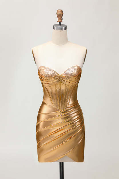 Leely Women Sparkly Golden Metallic Tight Short Corset Homecoming Dress Beaded Sweetheart Ruched Cocktail Dress