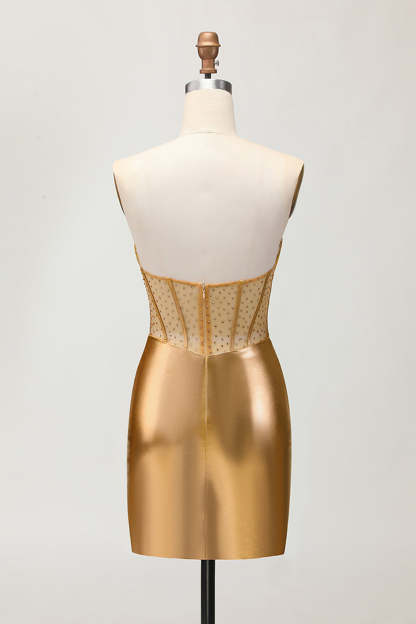 Sparkly Golden Metallic Tight Short Corset Ruched Homecoming Dress