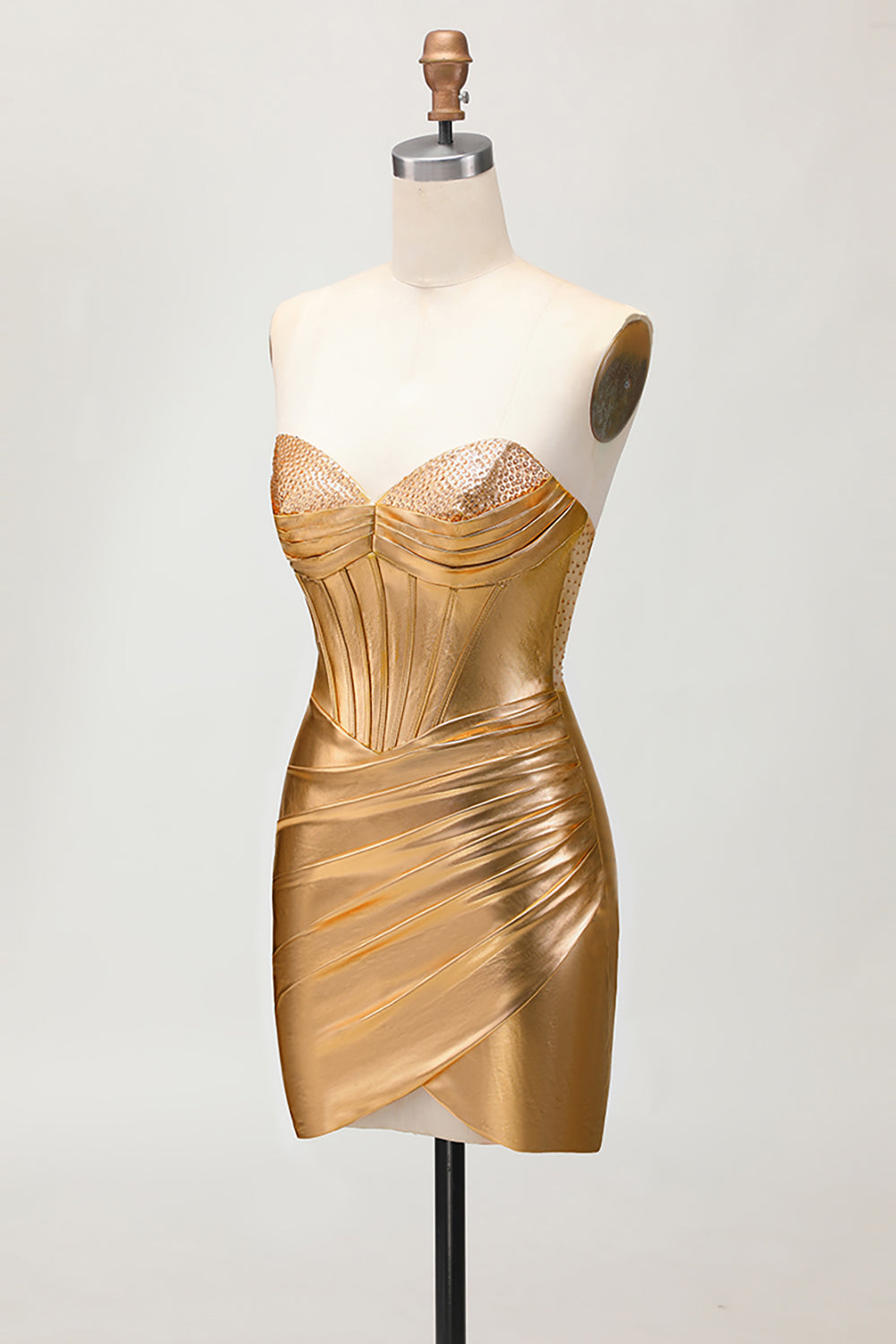 Sparkly Golden Metallic Tight Short Corset Ruched Homecoming Dress