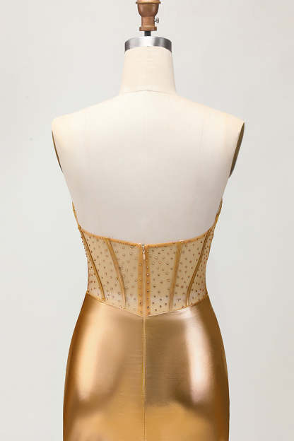 Sparkly Golden Metallic Tight Short Corset Ruched Homecoming Dress