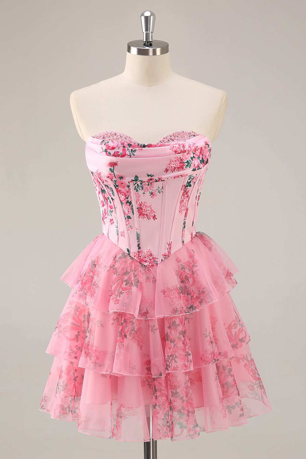 Pink Floral Sweetheart Corset A Line Tiered Short Homecoming Dress with Ruffles