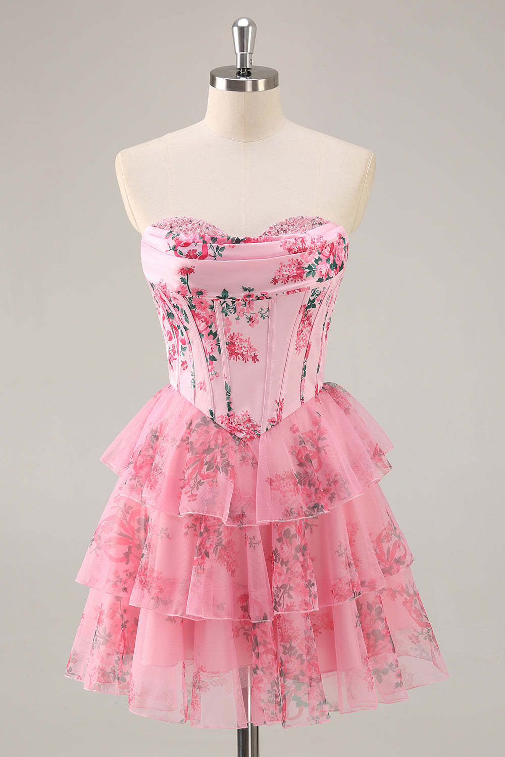 Pink Floral Sweetheart Corset A Line Tiered Short Homecoming Dress with Ruffles