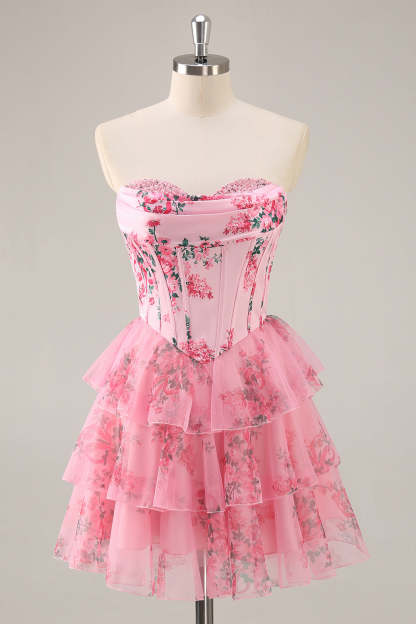 Pink Floral Sweetheart Corset A Line Tiered Short Homecoming Dress with Ruffles