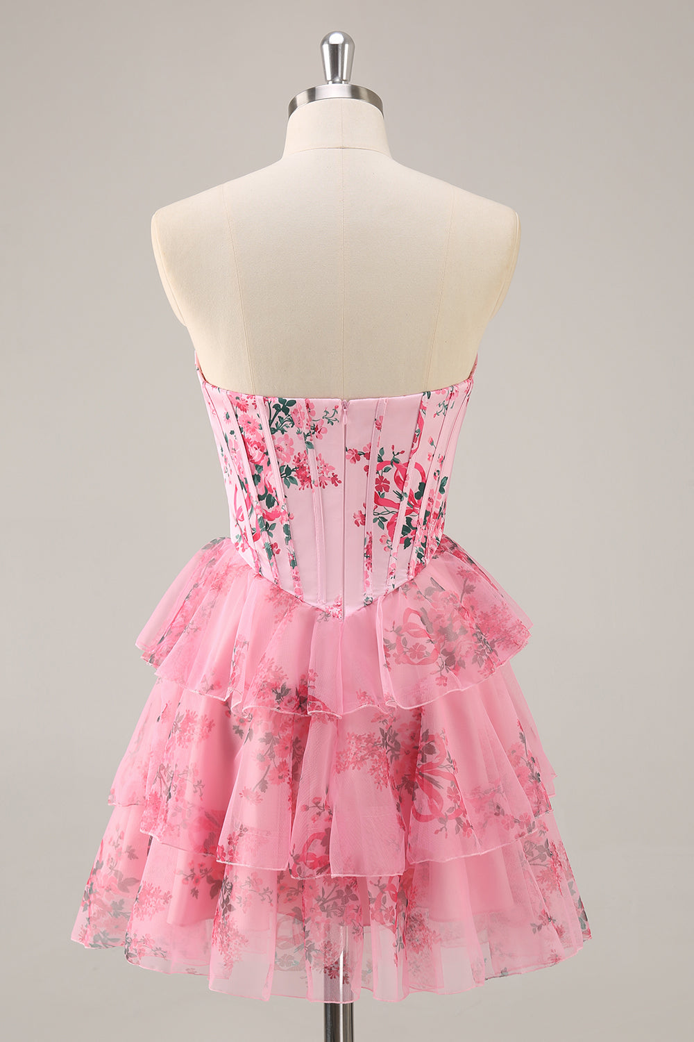 Pink Floral Sweetheart Corset A Line Tiered Short Homecoming Dress with Ruffles