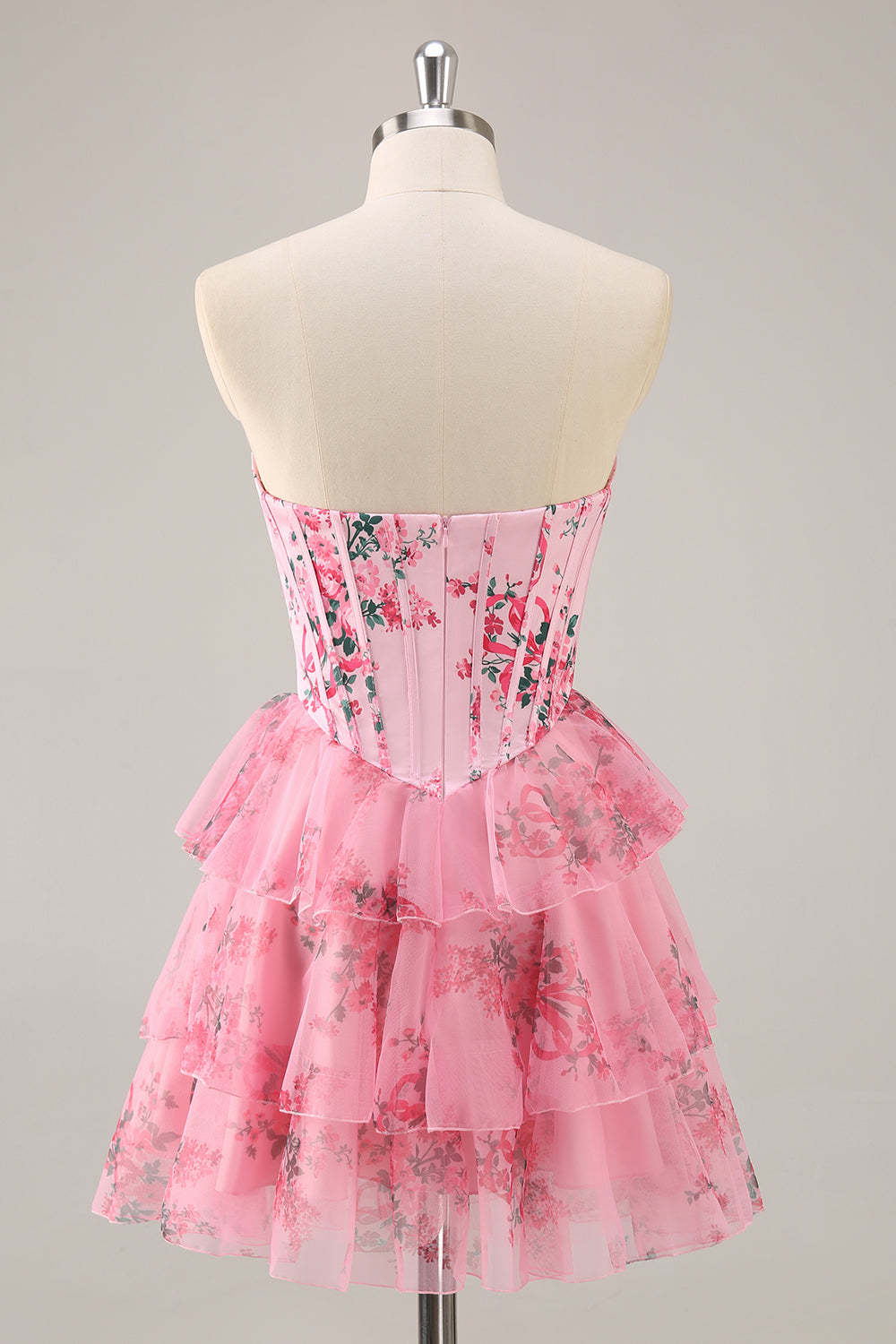 Pink Floral Sweetheart Corset A Line Tiered Short Homecoming Dress with Ruffles