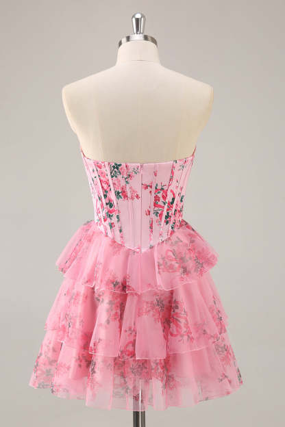 Pink Floral Sweetheart Corset A Line Tiered Short Homecoming Dress with Ruffles