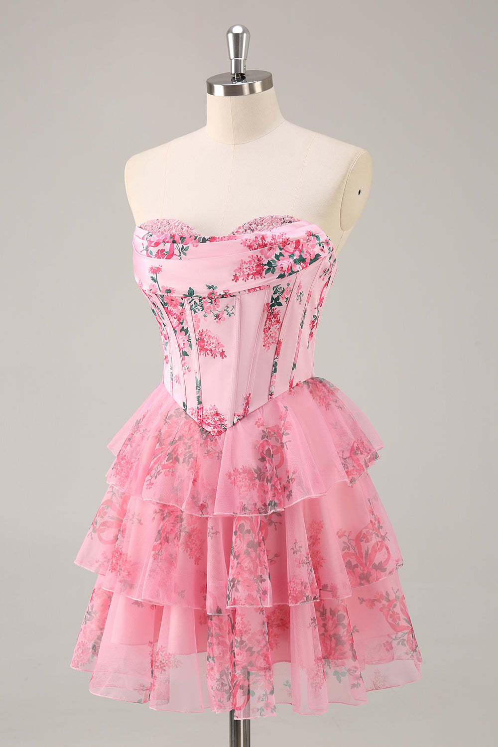 Pink Floral Sweetheart Corset A Line Tiered Short Homecoming Dress with Ruffles