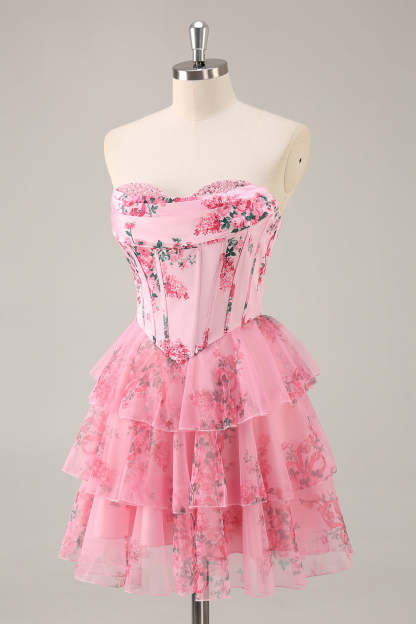 Pink Floral Sweetheart Corset A Line Tiered Short Homecoming Dress with Ruffles