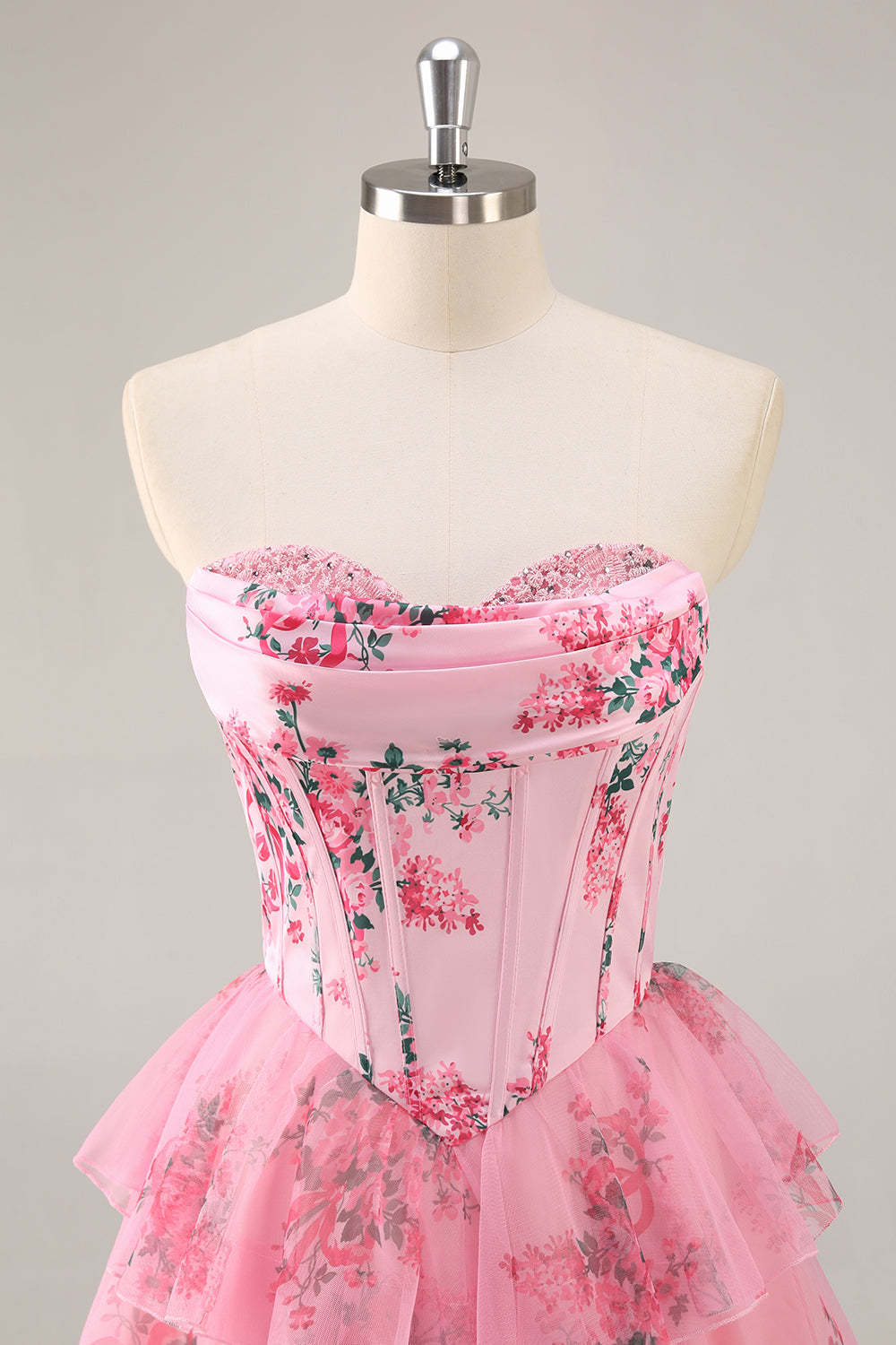 Pink Floral Sweetheart Corset A Line Tiered Short Homecoming Dress with Ruffles