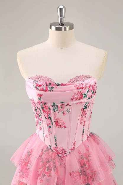 Pink Floral Sweetheart Corset A Line Tiered Short Homecoming Dress with Ruffles