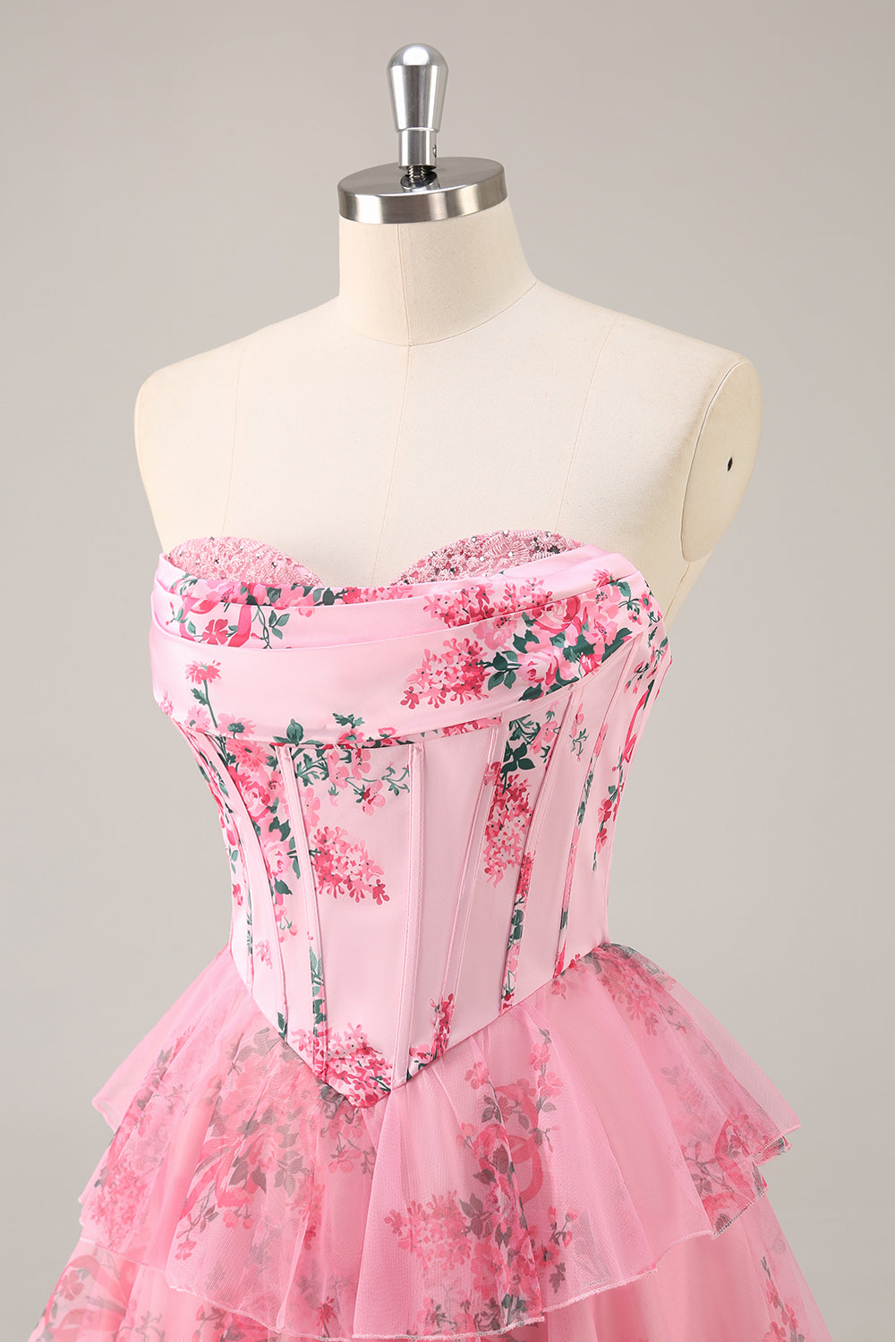 Pink Floral Sweetheart Corset A Line Tiered Short Homecoming Dress with Ruffles