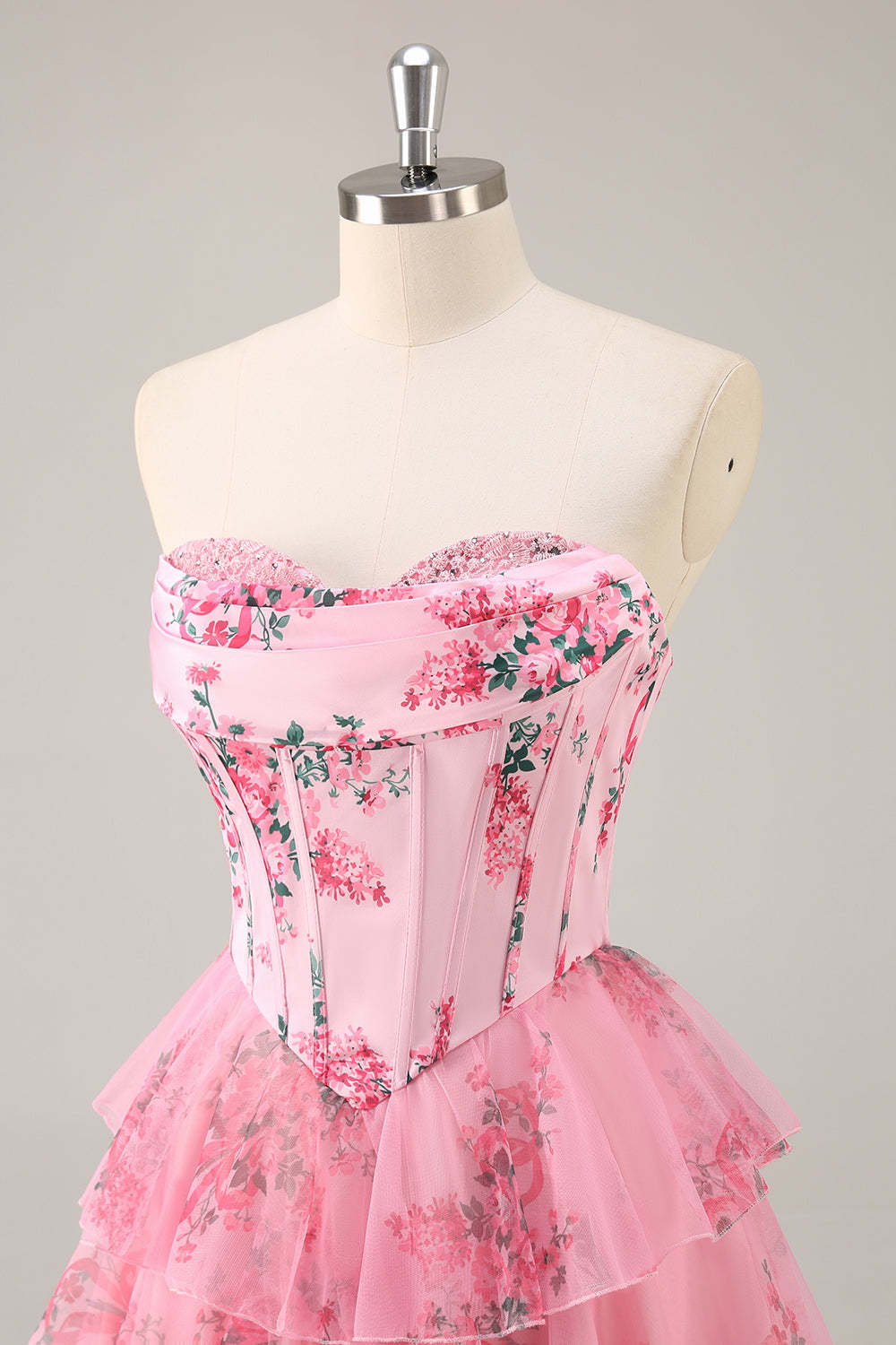 Pink Floral Sweetheart Corset A Line Tiered Short Homecoming Dress with Ruffles