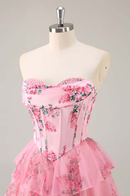 Pink Floral Sweetheart Corset A Line Tiered Short Homecoming Dress with Ruffles