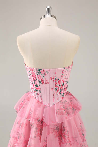 Pink Floral Sweetheart Corset A Line Tiered Short Homecoming Dress with Ruffles