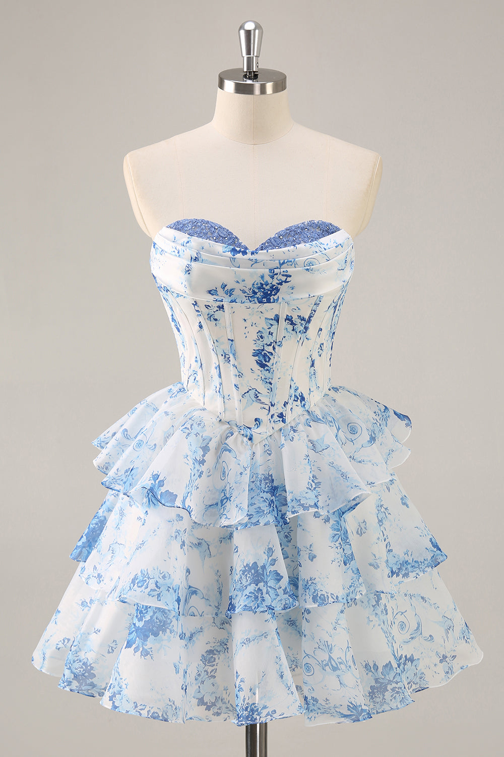 White and Blue Floral Corset Sweetheart Short Homecoming Dress with Ruffles