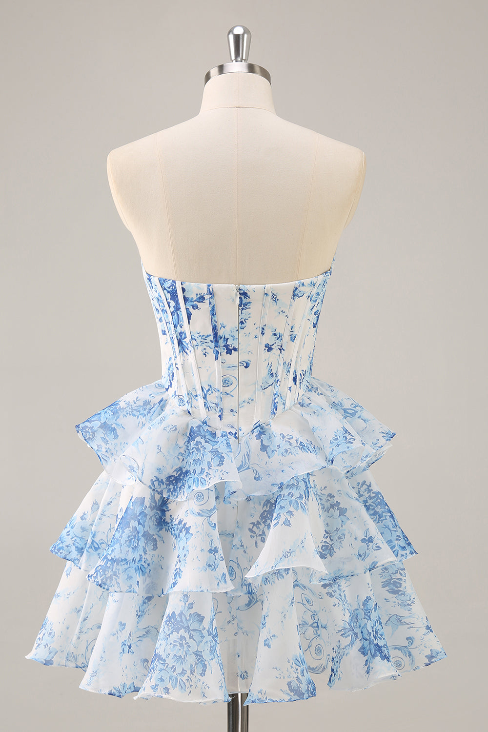 White and Blue Floral Corset Sweetheart Short Homecoming Dress with Ruffles