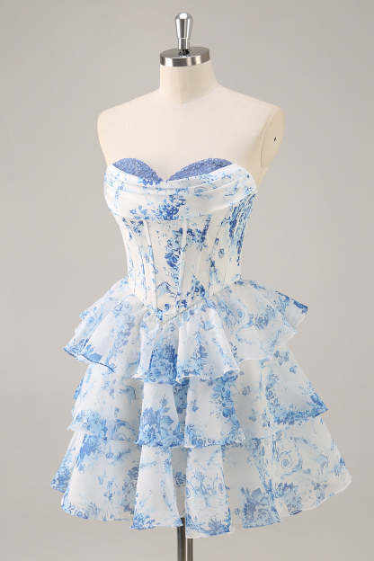 Pink Floral Sweetheart Corset A Line Tiered Short Homecoming Dress with Ruffles