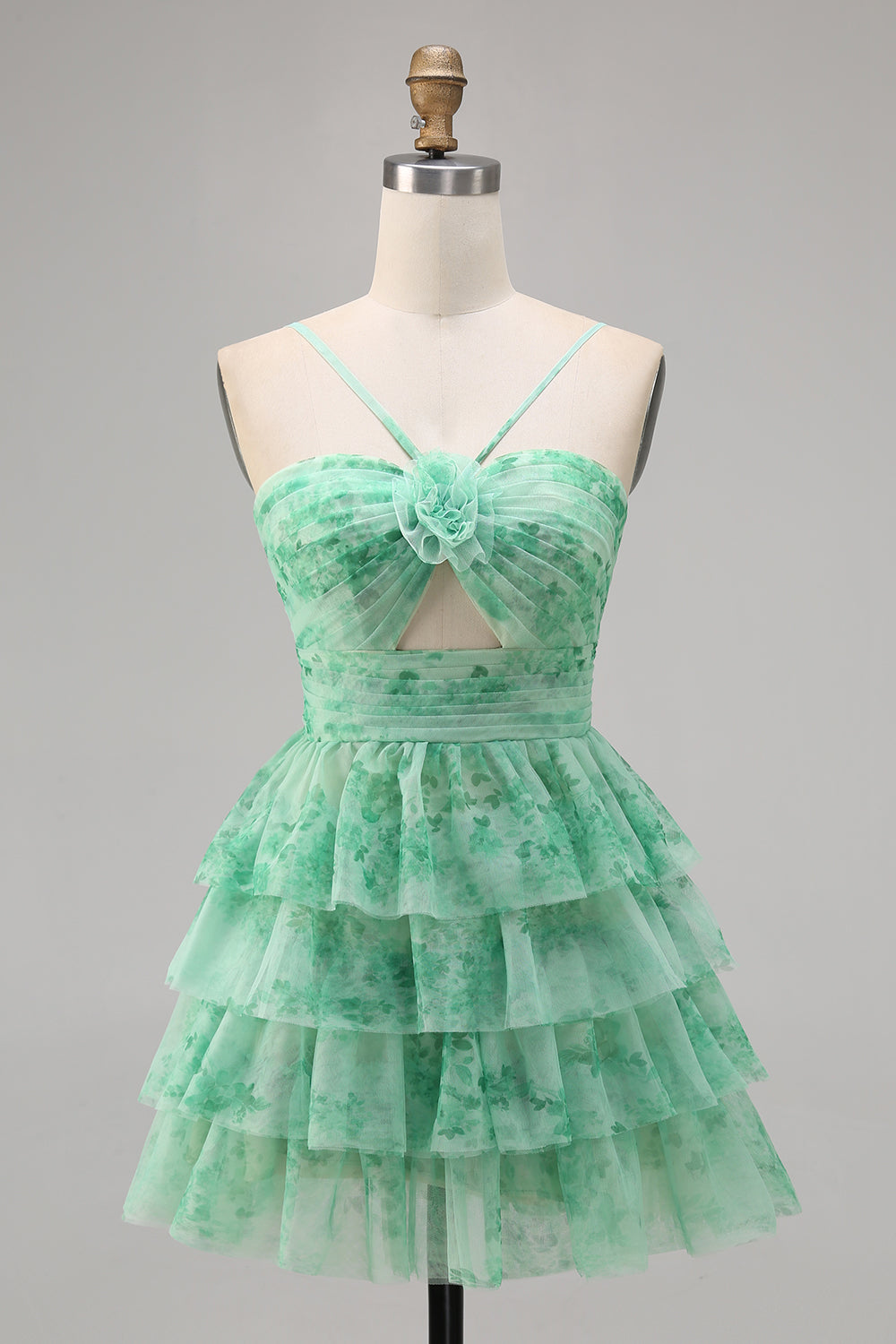 Green Floral A Line Spaghetti Straps Short Tiered Homecoming Dress with Ruffles