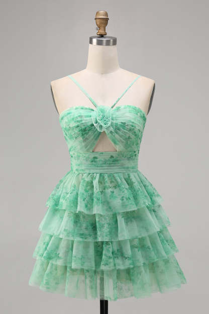 Purple A Line Keyhole Tiered Floral Short Homecoming Dress with Ruffles