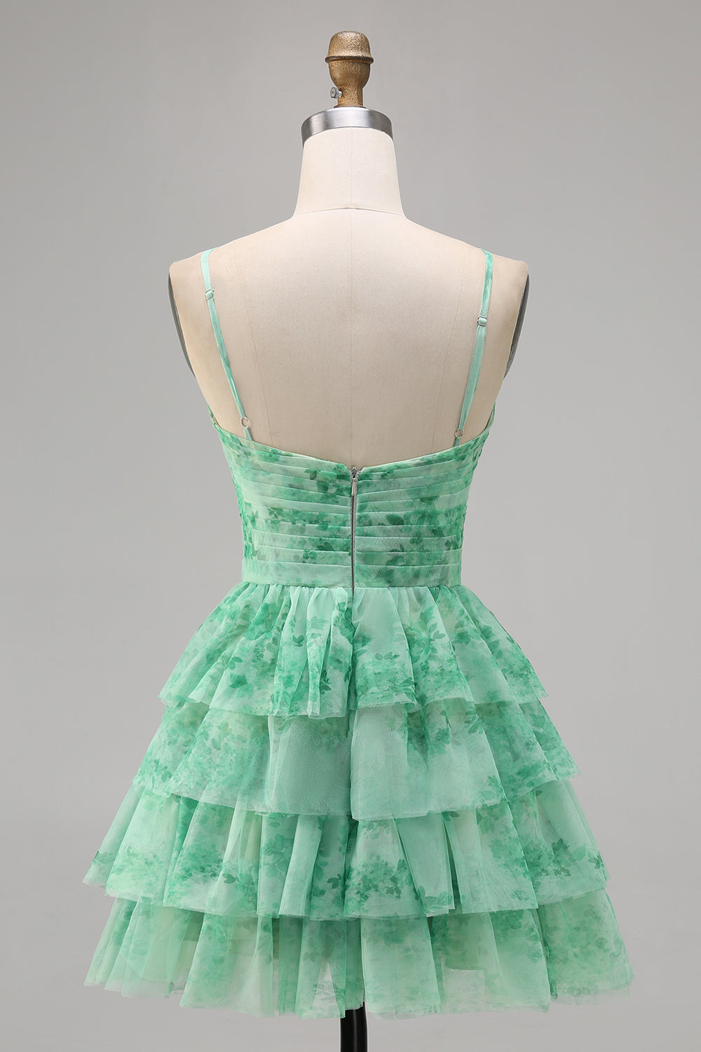 Green Floral A Line Spaghetti Straps Short Tiered Homecoming Dress with Ruffles