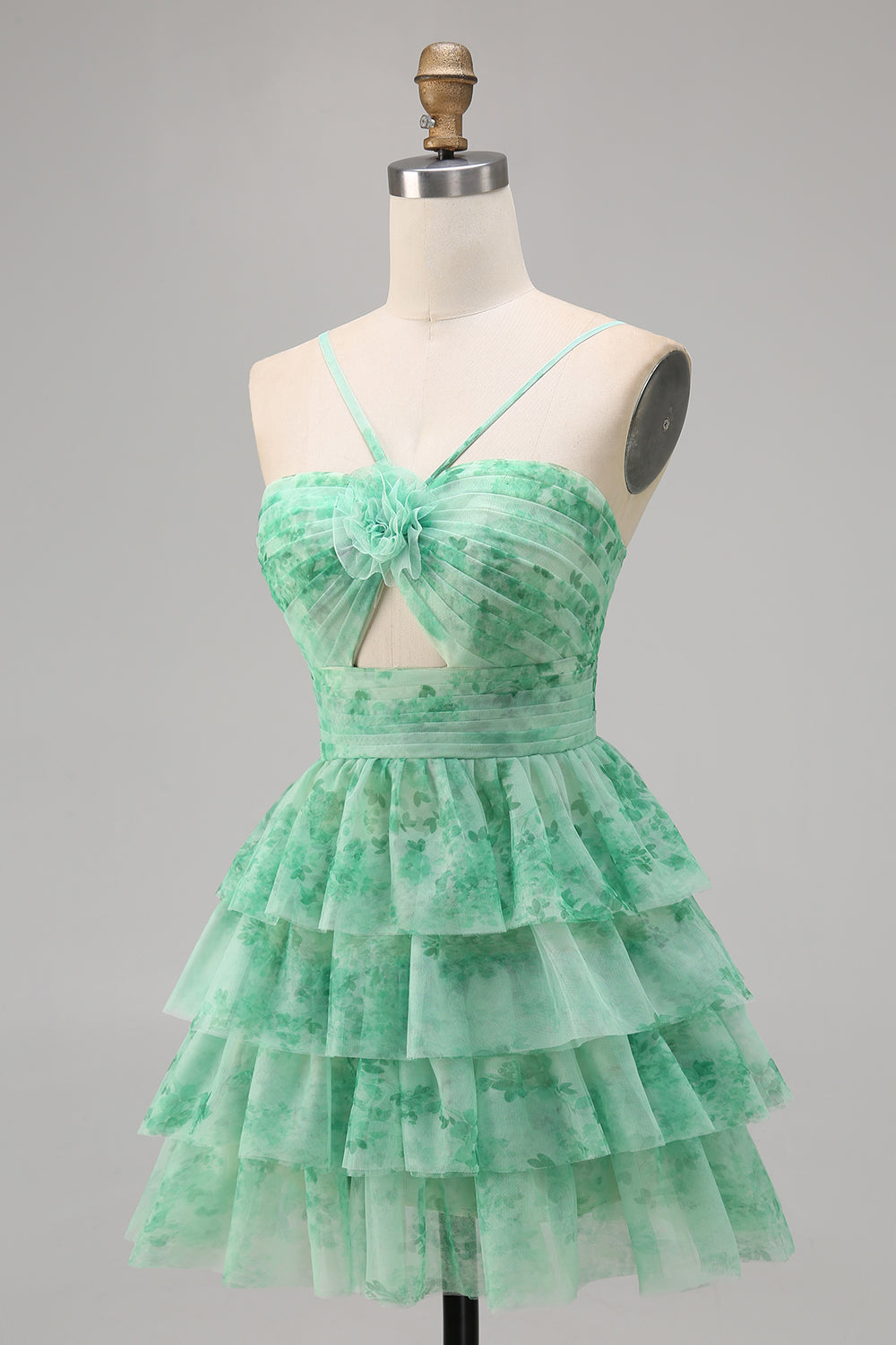 Purple A Line Keyhole Tiered Floral Short Homecoming Dress with Ruffles
