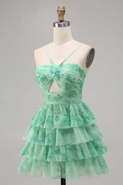 Purple A Line Keyhole Tiered Floral Short Homecoming Dress with Ruffles