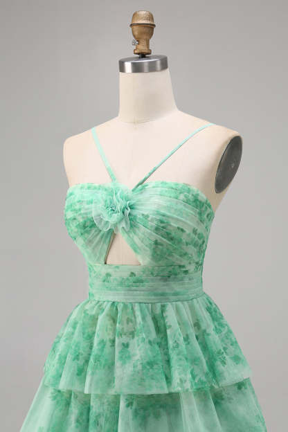 Purple A Line Keyhole Tiered Floral Short Homecoming Dress with Ruffles