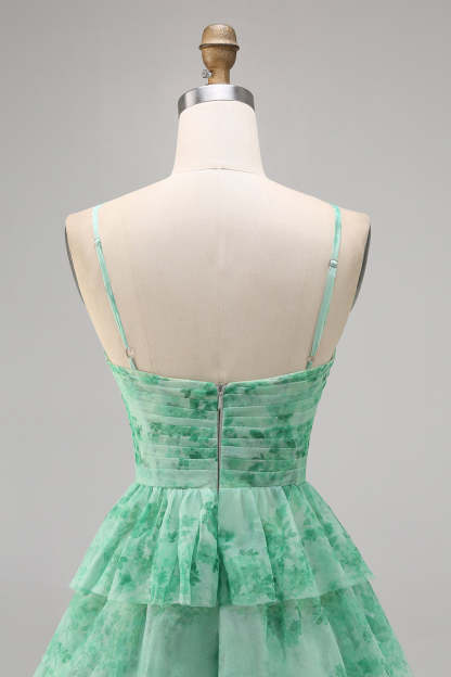 Purple A Line Keyhole Tiered Floral Short Homecoming Dress with Ruffles