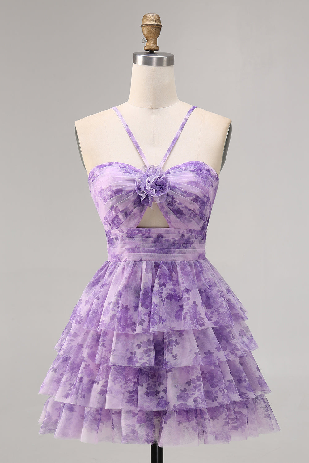Purple A Line Keyhole Tiered Floral Short Homecoming Dress with Ruffles