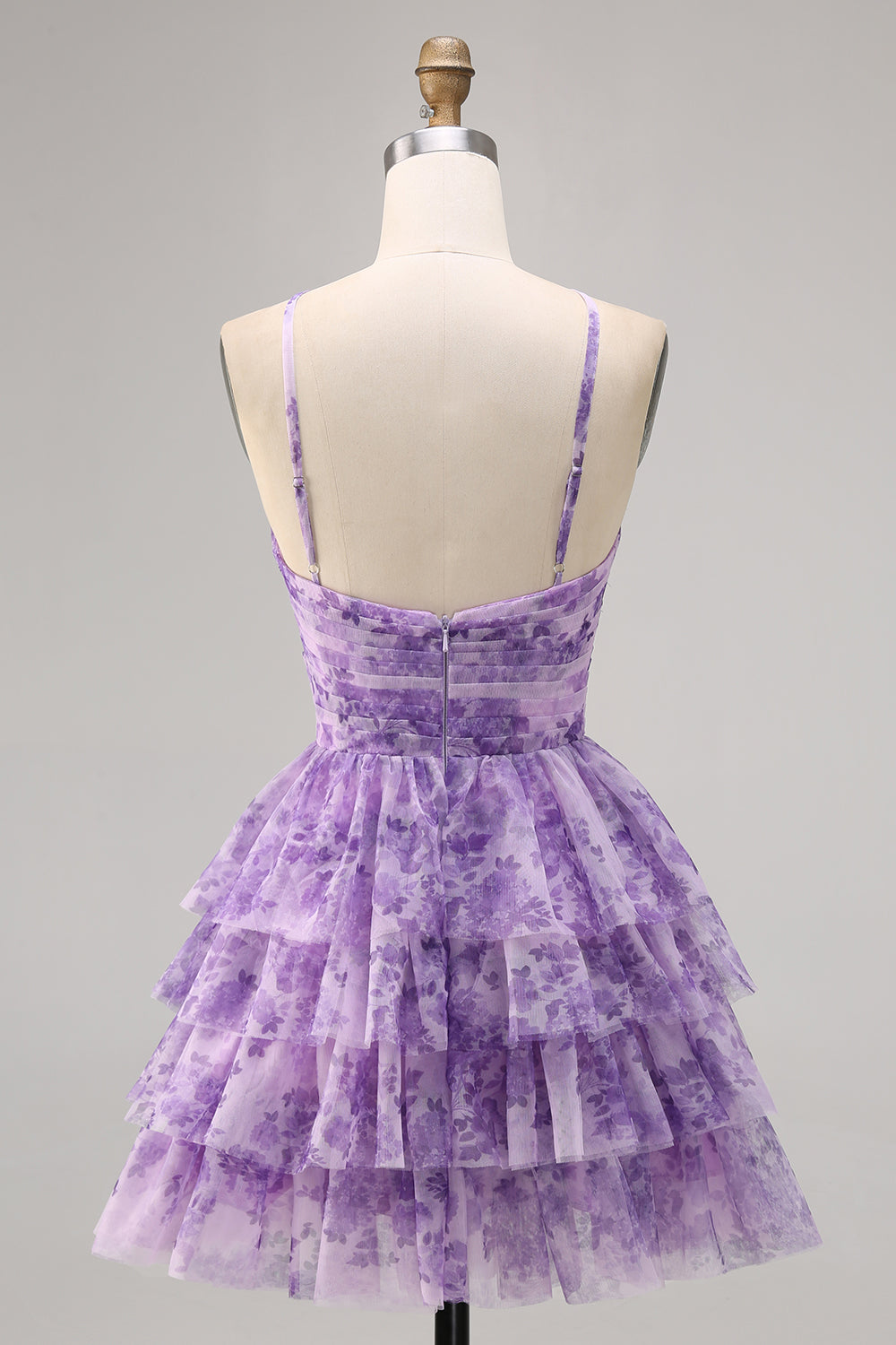 Purple A Line Keyhole Tiered Floral Short Homecoming Dress with Ruffles