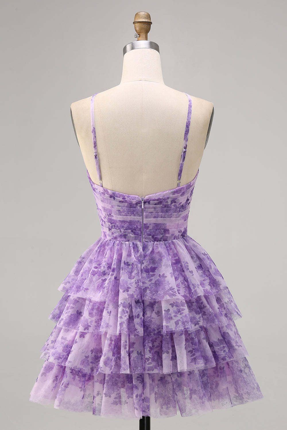 Purple A Line Keyhole Tiered Floral Short Homecoming Dress with Ruffles