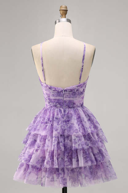 Purple A Line Keyhole Tiered Floral Short Homecoming Dress with Ruffles